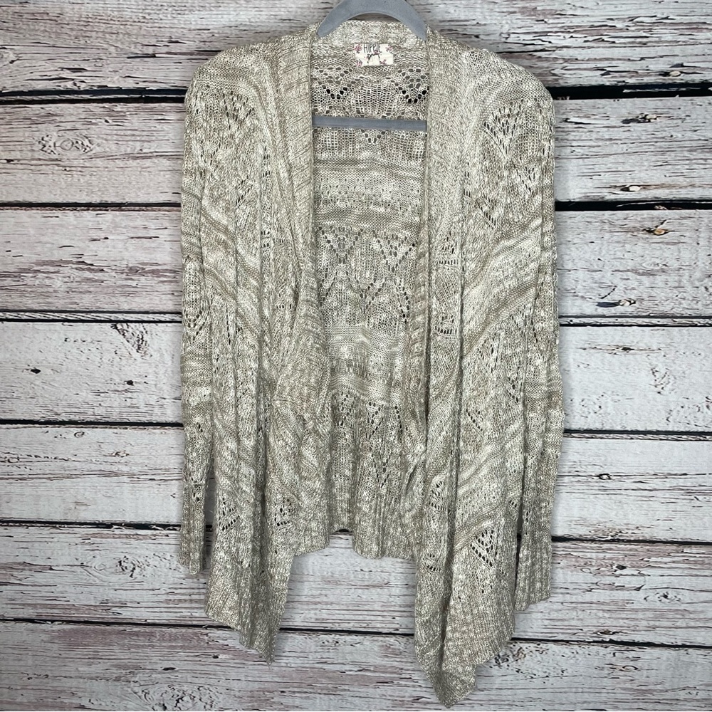 Hippie‎ Rose Open Cardigan Sweater XS Crochet Long Sleeves Longer Front Beige